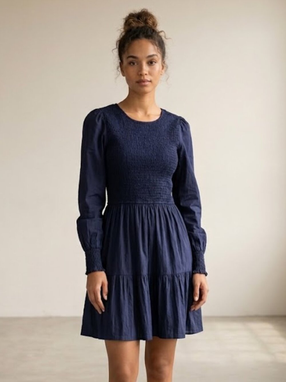 Merokeety Size Small Blue Smocked Tiered Midi Dress Long Sleeve Modest